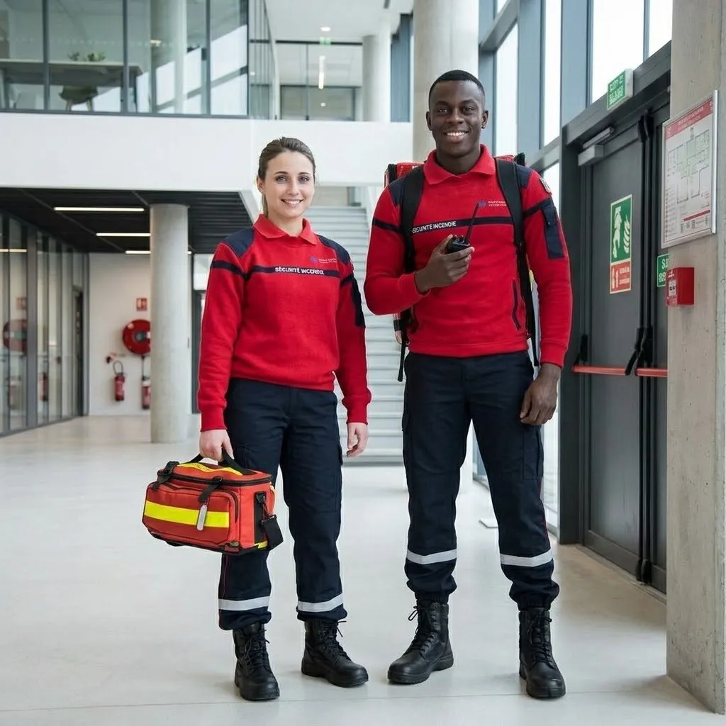Deux agents de sécurité incendie avec une trousse de secours dans un établissement recevant du public