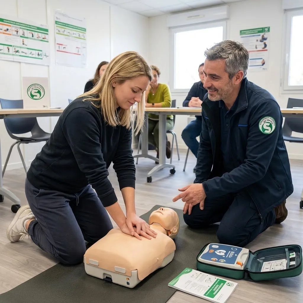 Formatrice et stagiaire pratiquant un massage cardiaque sur un mannequin, avec un défibrillateur